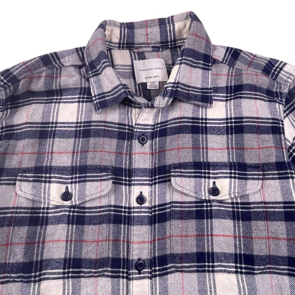 American Eagle Mens Super Soft Flannel Shirt Plaid Navy Grey Red Size Medium Y2K - Picture 2 of 9